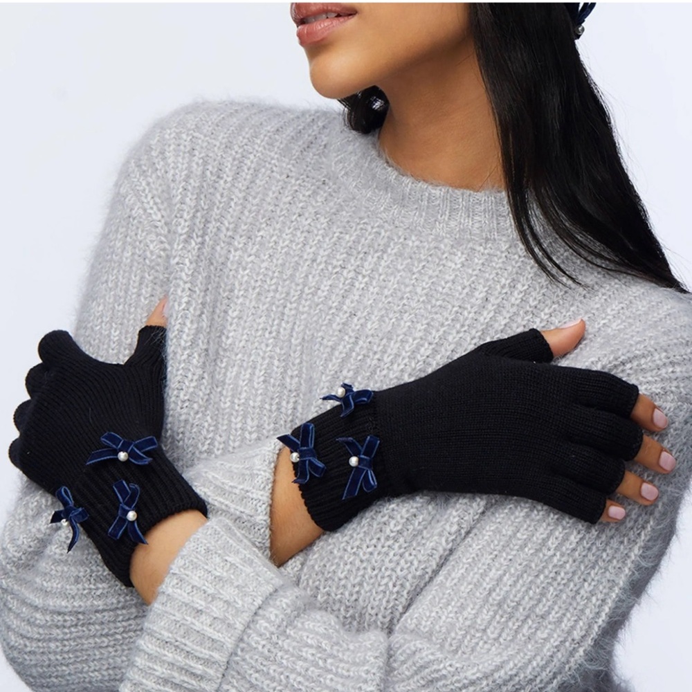 Lele Sadoughi Black Bow Embellished Fingerless Knit Gloves NWT